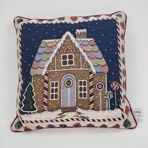 Riverdale Vintage Tapestry Throw Pillow Christmas Gingerbread House 16” Square